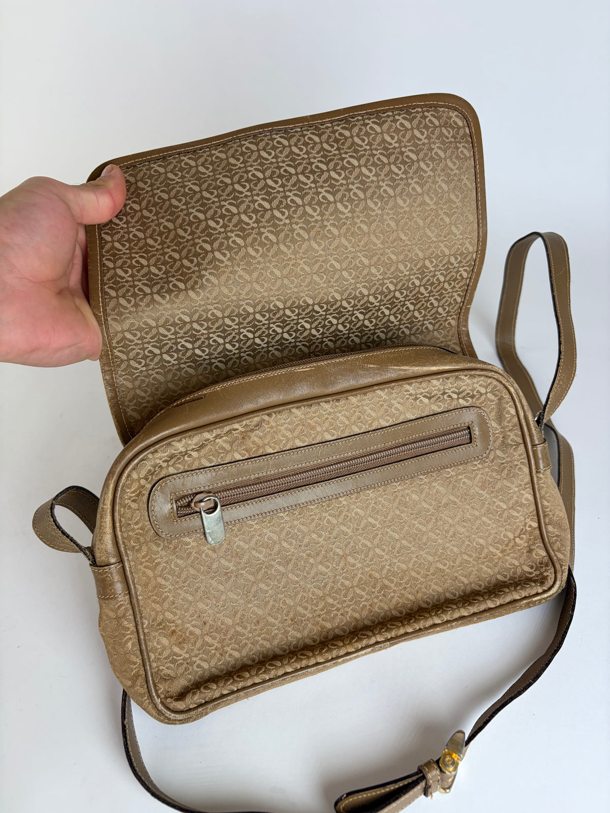 Vintage Loewe Anagram Jacquard Flap Crossbody Bag Late 1990s Tan Beige