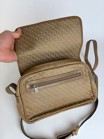 Vintage Loewe Anagram Jacquard Flap Crossbody Bag Late 1990s Tan Beige