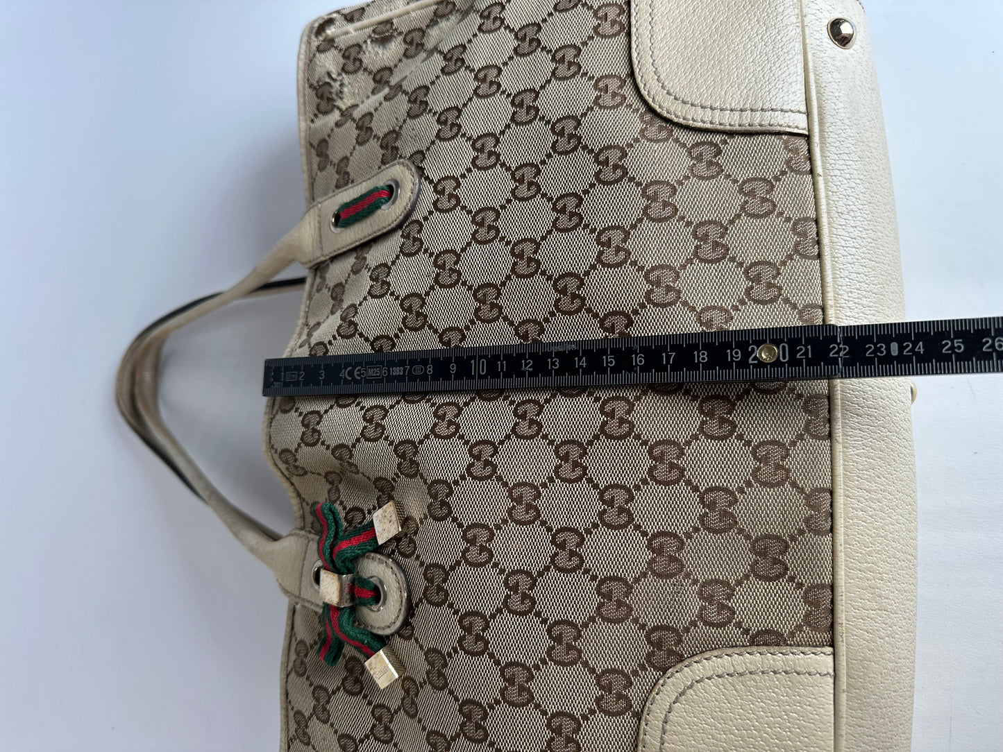 Vintage Gucci Monogram Canvas Leather Handbag Beige Brown