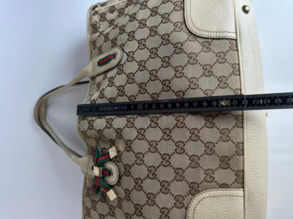 Vintage Gucci Monogram Canvas Leather Handbag Beige Brown