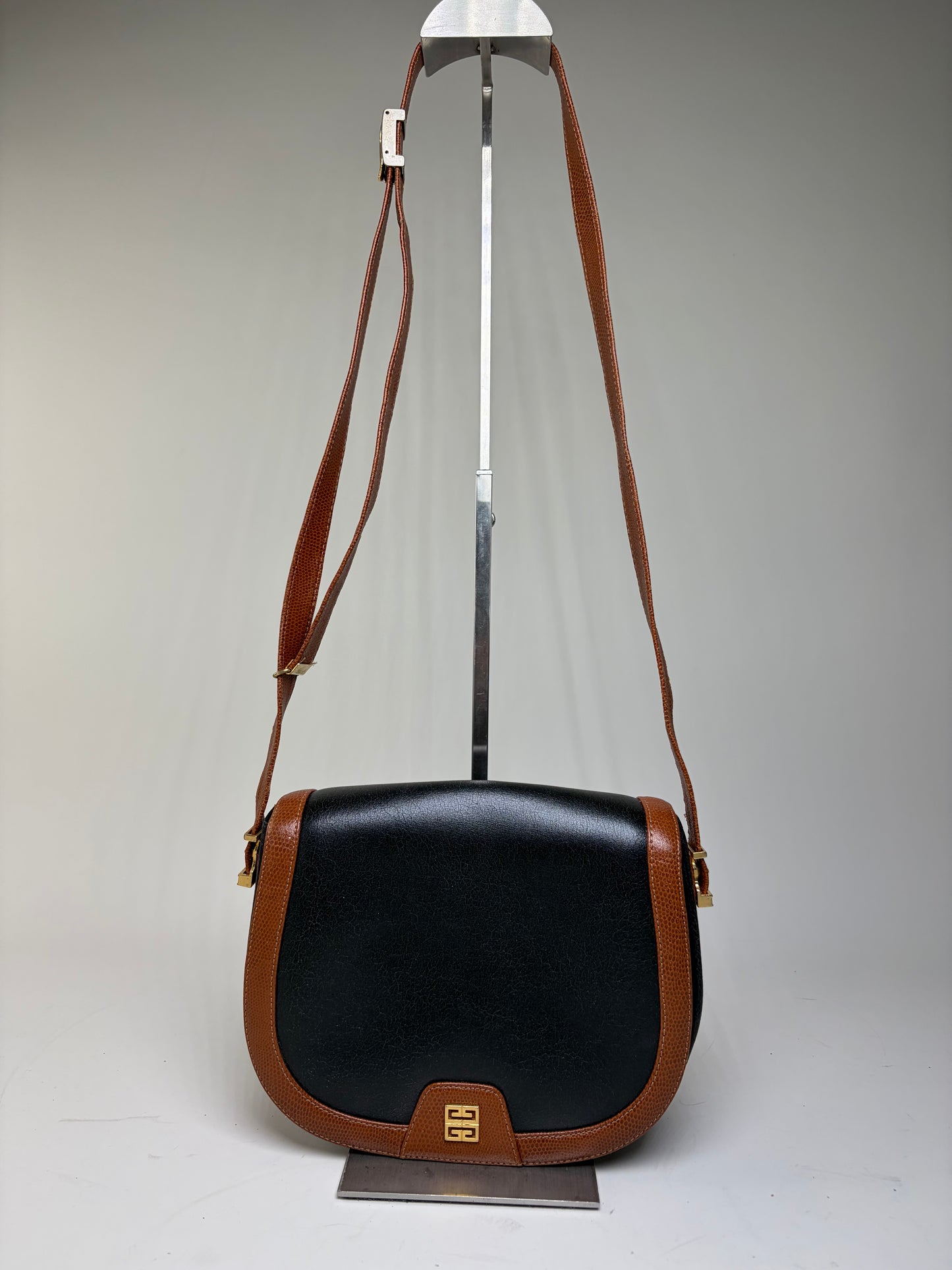 Vintage Givenchy Leather Flap Crossbody Bag Black Brown