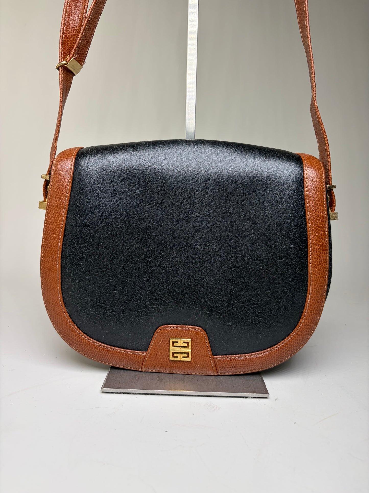 Vintage Givenchy Leather Flap Crossbody Bag Black Brown