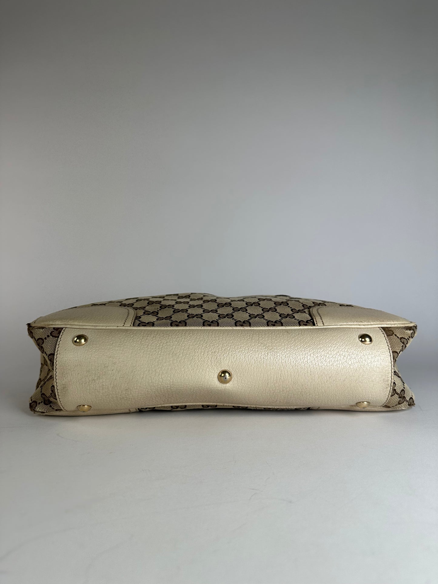 Vintage Gucci Monogram Canvas Leather Handbag Beige Brown