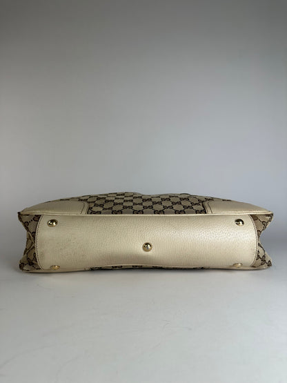 Vintage Gucci Monogram Canvas Leather Handbag Beige Brown
