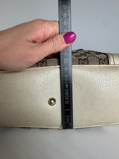 Vintage Gucci Monogram Canvas Leather Handbag Beige Brown