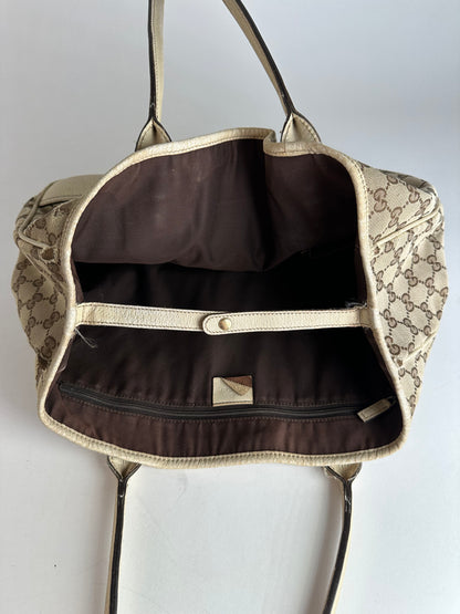 Vintage Gucci Monogram Canvas Leather Handbag Beige Brown
