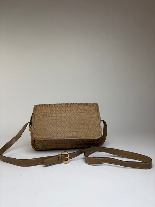 Vintage Loewe Anagram Jacquard Flap Crossbody Bag Late 1990s Tan Beige