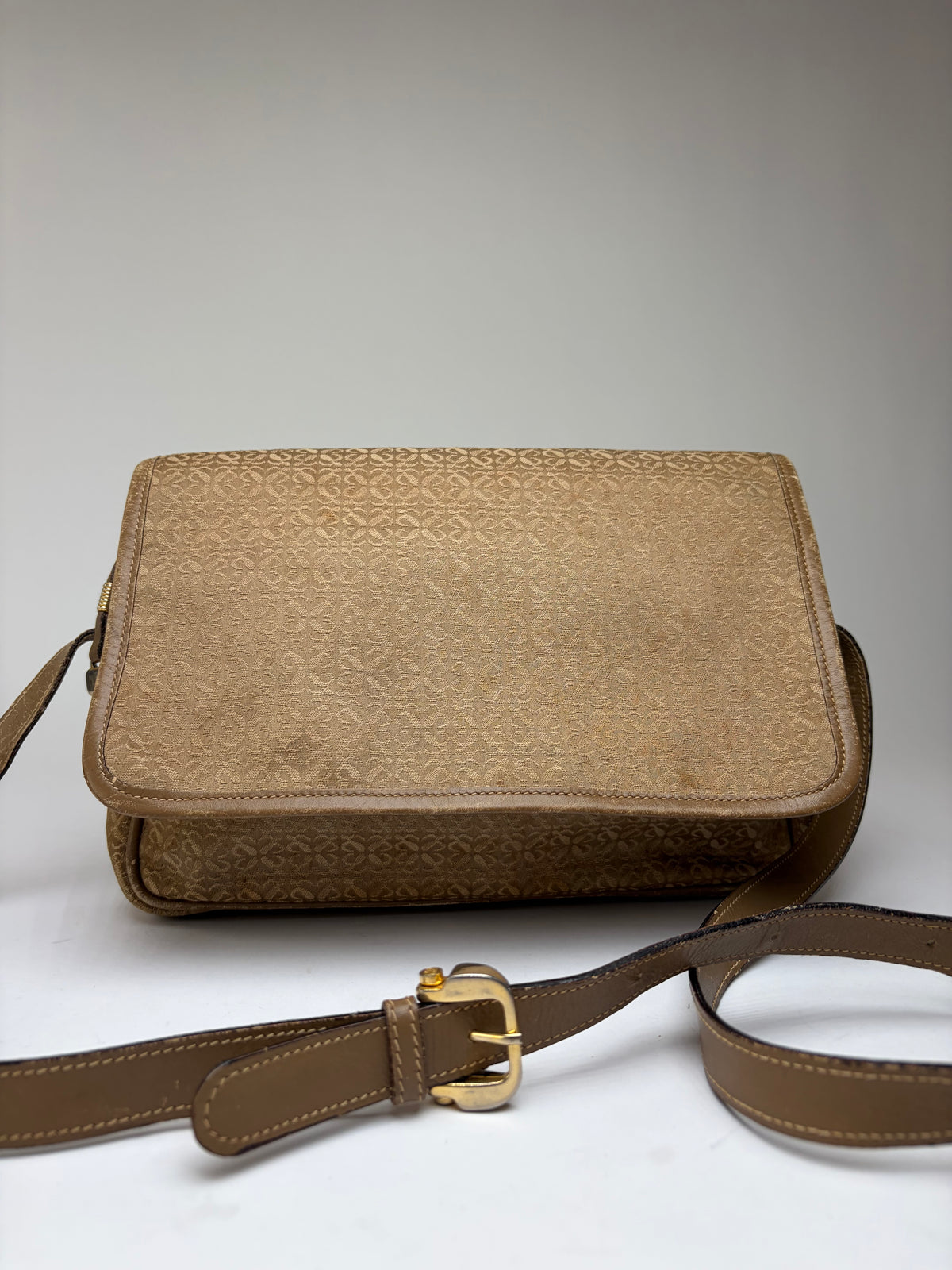 Vintage Loewe Anagram Jacquard Flap Crossbody Bag Late 1990s Tan Beige
