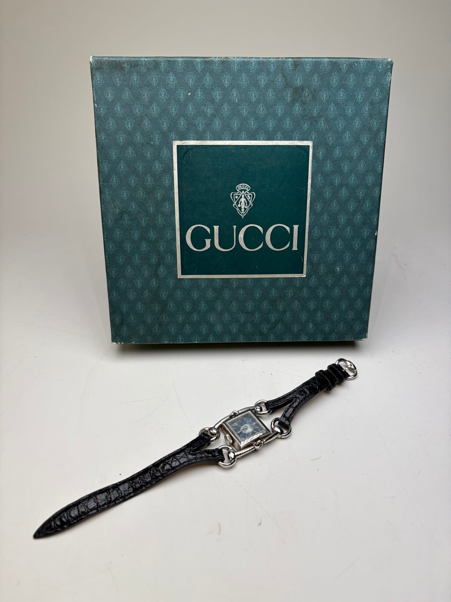 Vintage Gucci Crocodile Leather Strap Watch Black Silver