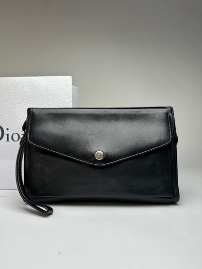 Vintage Dior Leather Flap Crossbody Bag Black Silver