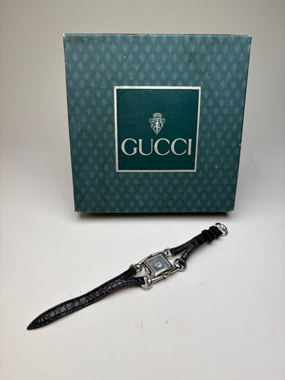 Vintage Gucci Crocodile Leather Strap Watch Black Silver