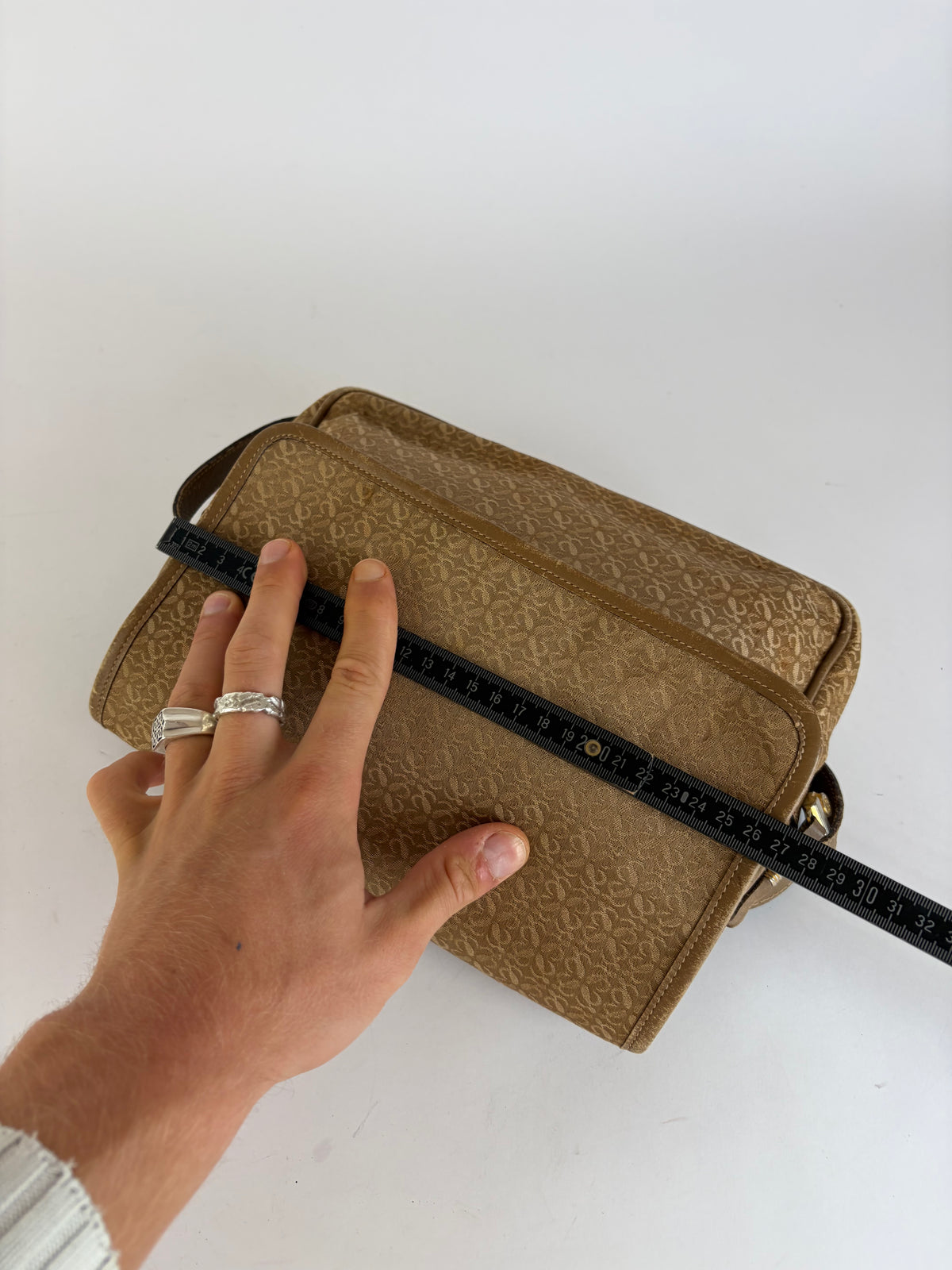 Vintage Loewe Anagram Jacquard Flap Crossbody Bag Late 1990s Tan Beige