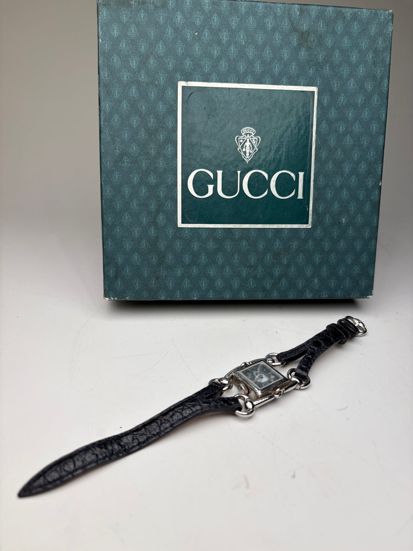 Vintage Gucci Crocodile Leather Strap Watch Black Silver