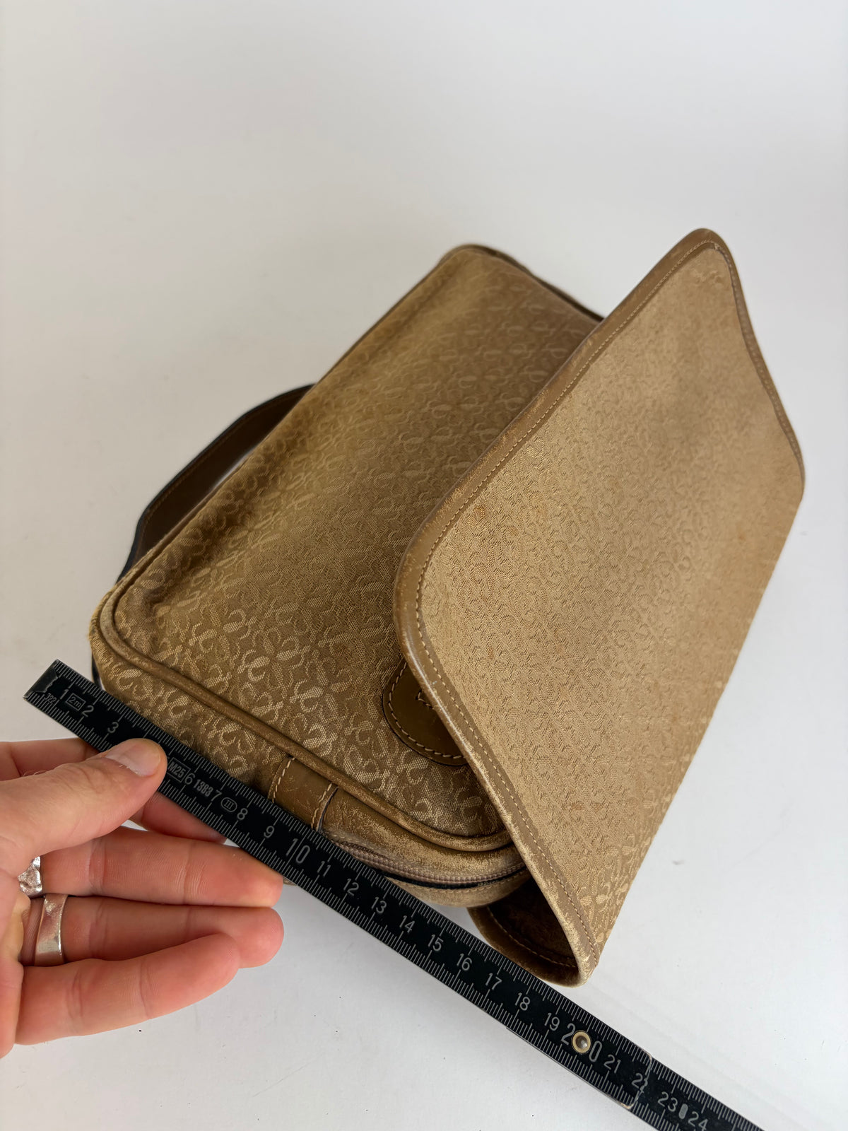 Vintage Loewe Anagram Jacquard Flap Crossbody Bag Late 1990s Tan Beige