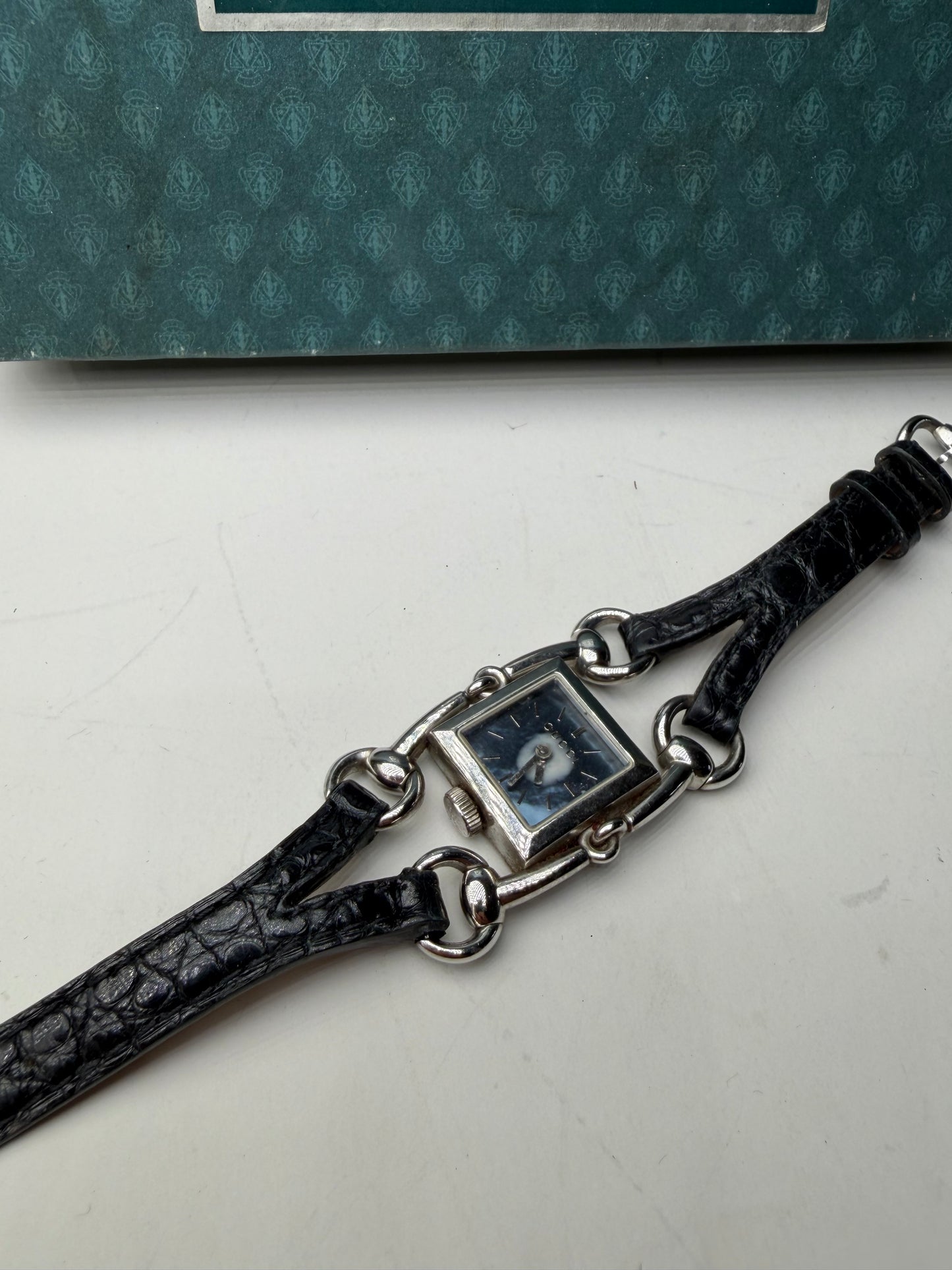 Vintage Gucci Crocodile Leather Strap Watch Black Silver