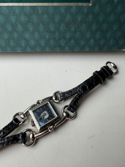 Vintage Gucci Crocodile Leather Strap Watch Black Silver
