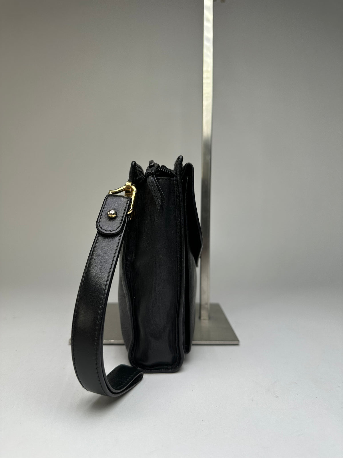 Vintage Dior Leather Flap Crossbody Bag Black Silver