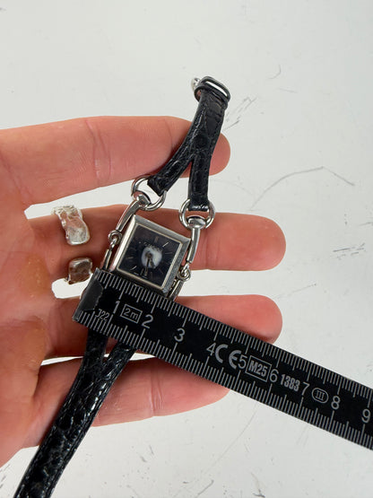 Vintage Gucci Crocodile Leather Strap Watch Black Silver