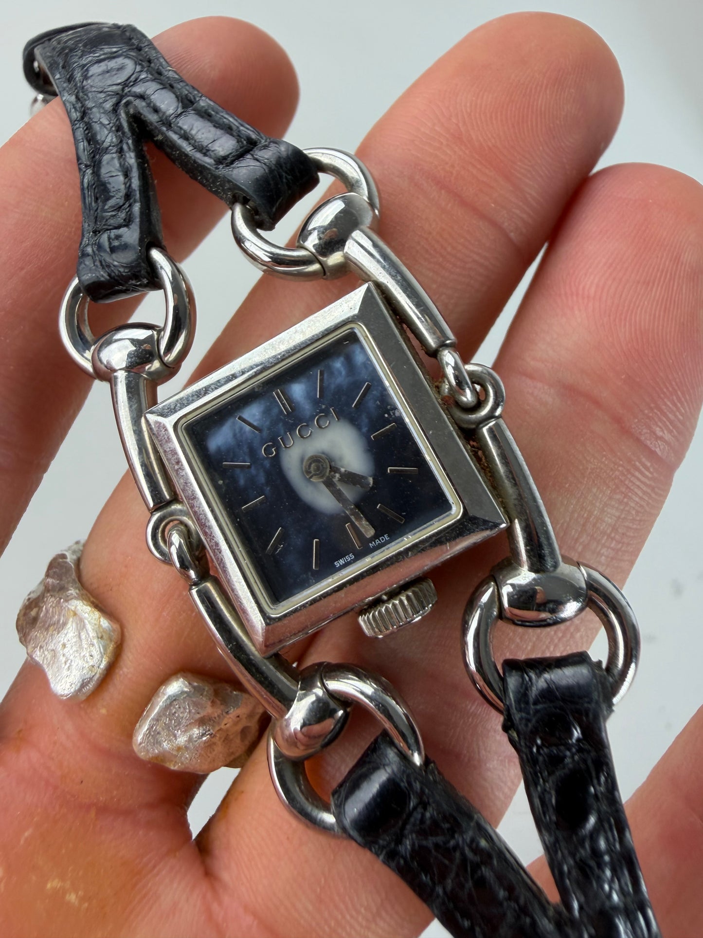 Vintage Gucci Crocodile Leather Strap Watch Black Silver
