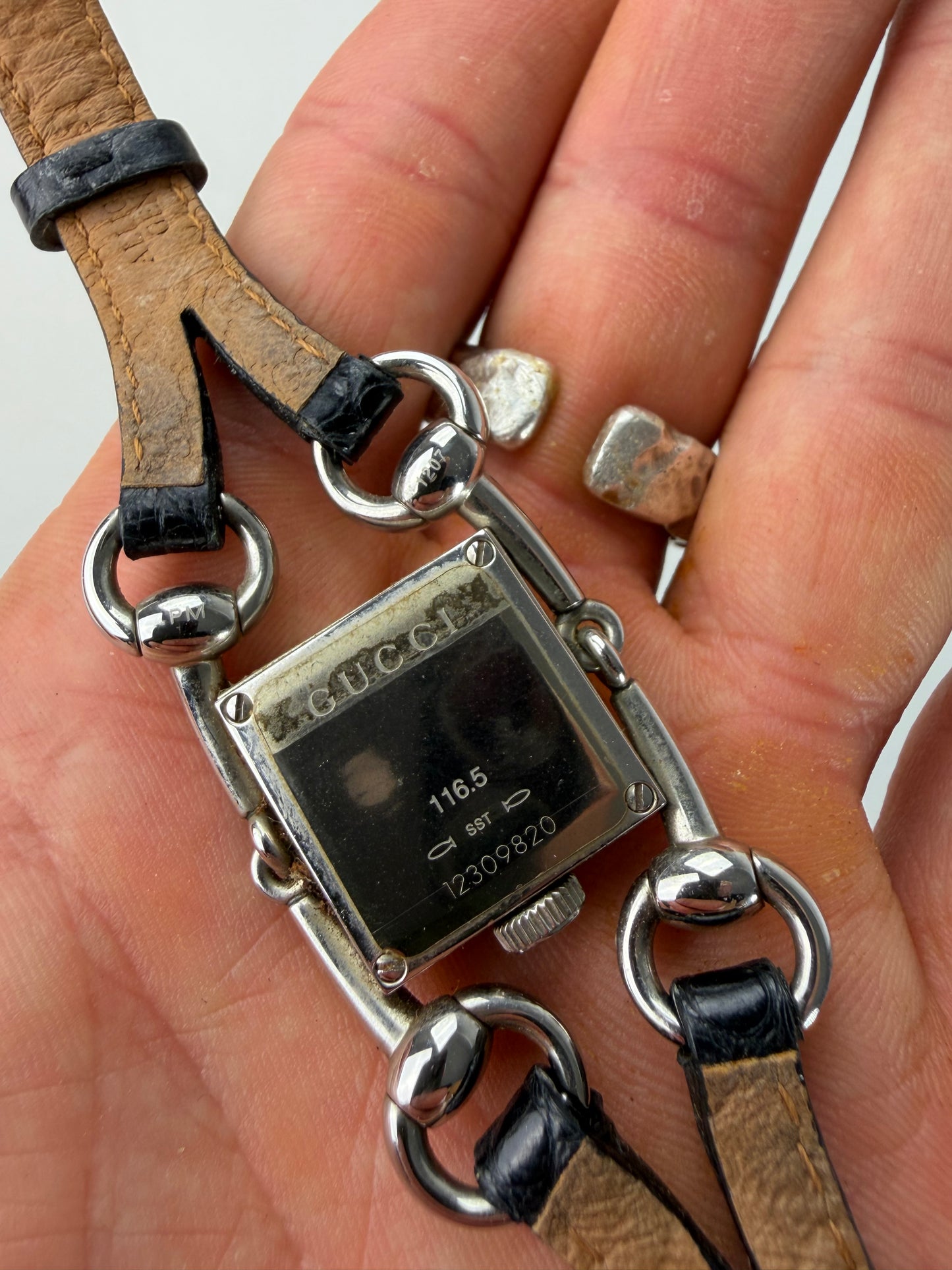 Vintage Gucci Crocodile Leather Strap Watch Black Silver