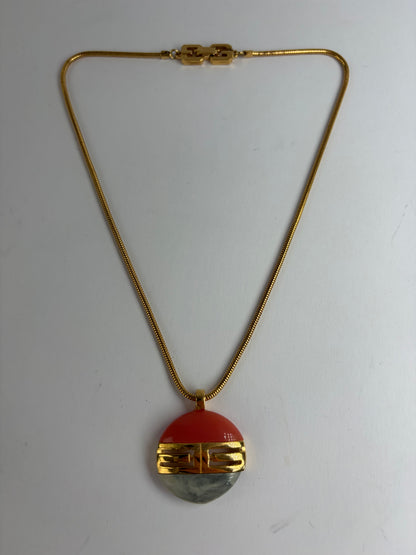 Vintage Givenchy Resin Pendant Necklace Late 1970s Coral Grey Gold