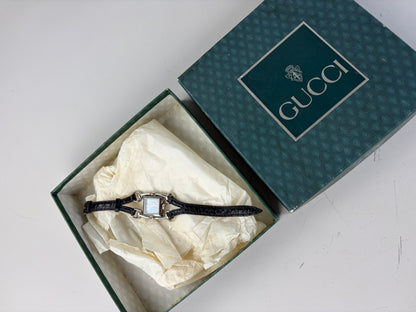 Vintage Gucci Crocodile Leather Strap Watch Black Silver