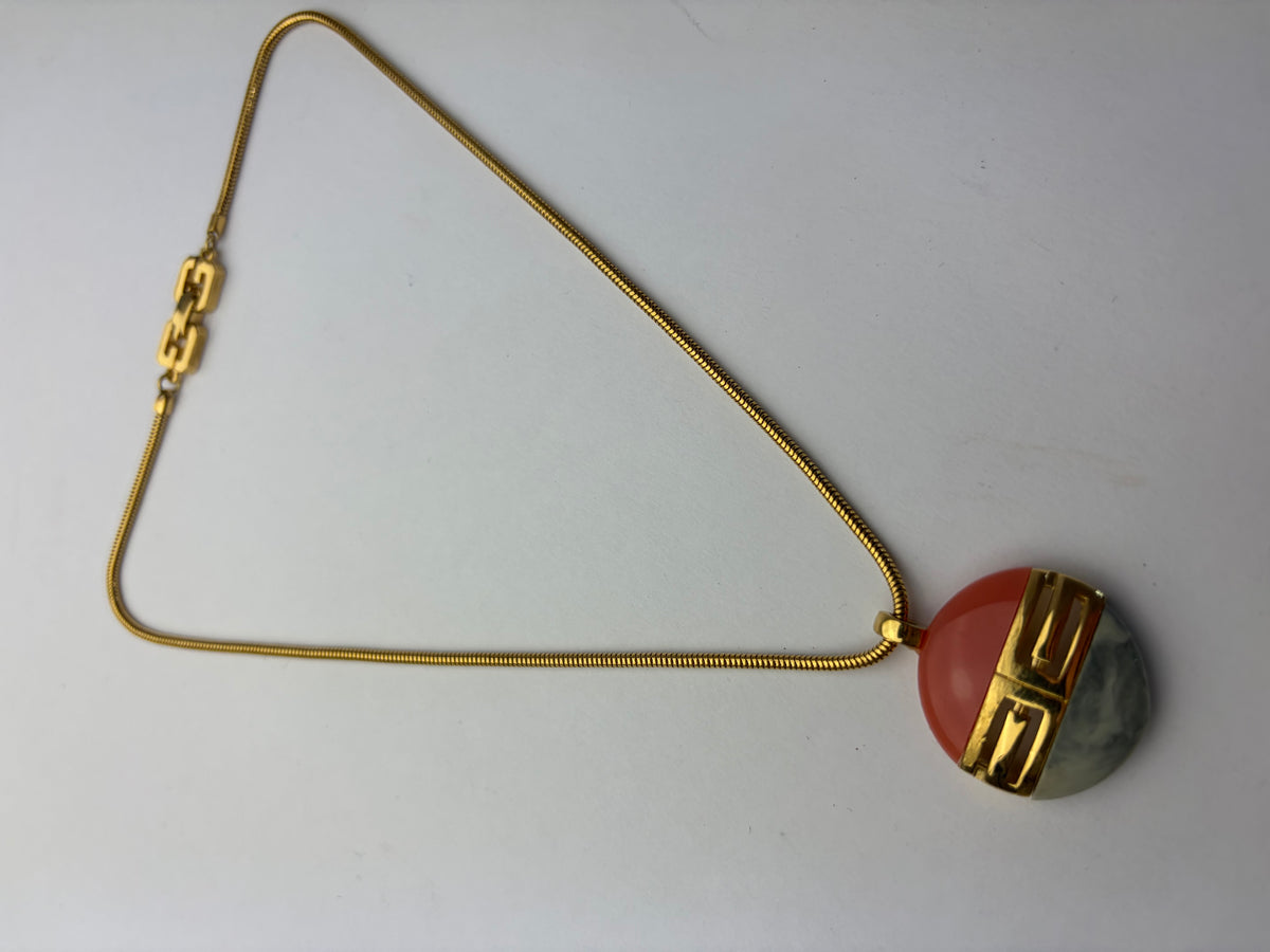 Vintage Givenchy Resin Pendant Necklace Late 1970s Coral Grey Gold