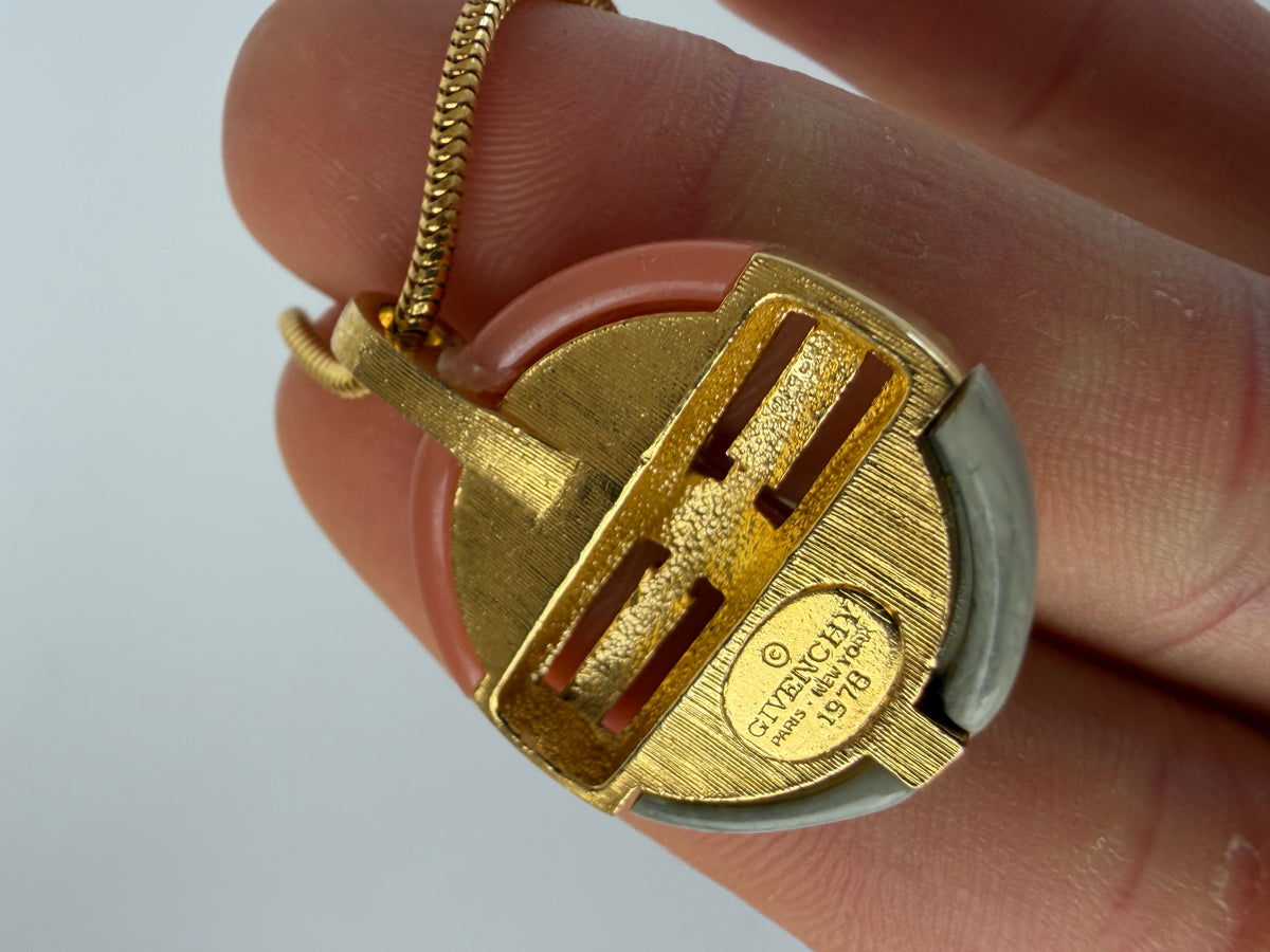 Vintage Givenchy Resin Pendant Necklace Late 1970s Coral Grey Gold