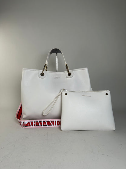 Vintage Emporio Armani Textured Leather Tote White Gold