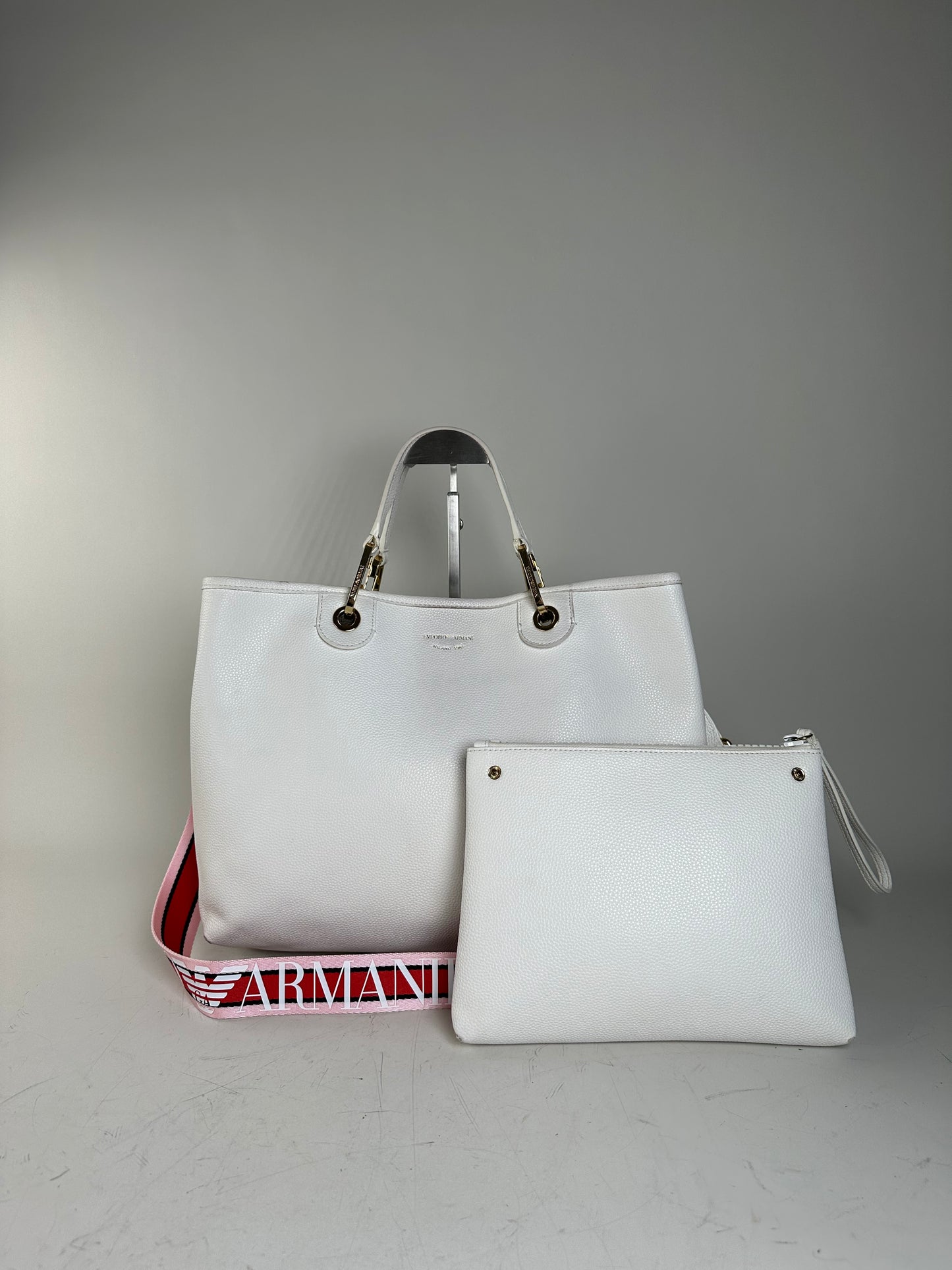 Vintage Emporio Armani Textured Leather Tote White Gold