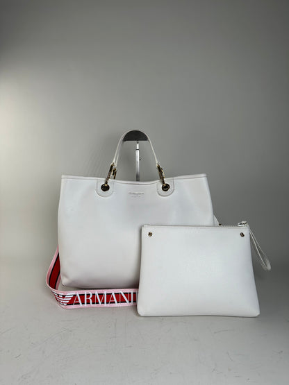 Vintage Emporio Armani Textured Leather Tote White Gold