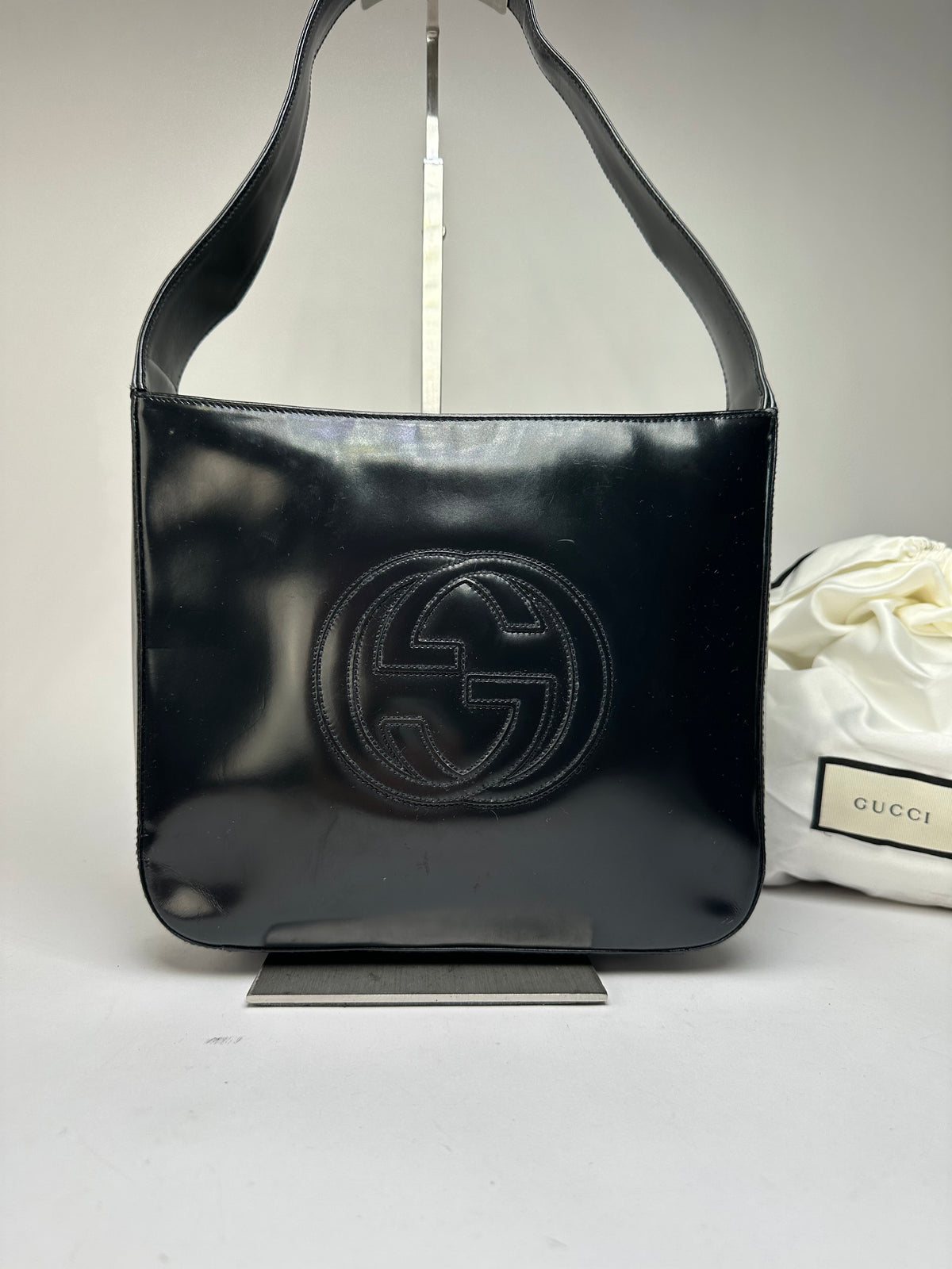 Vintage Gucci Patent Leather Tote Black Silver