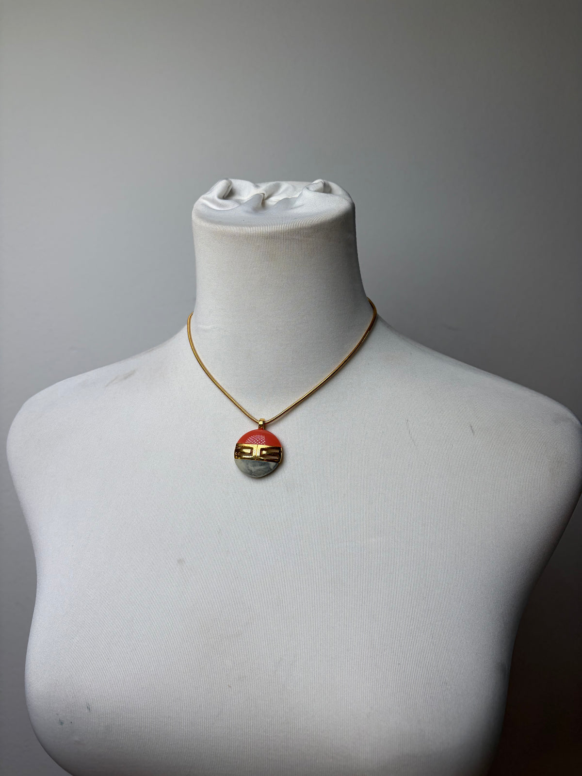 Vintage Givenchy Resin Pendant Necklace Late 1970s Coral Grey Gold