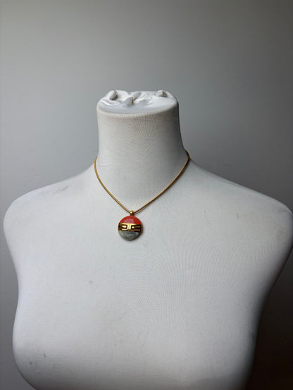 Vintage Givenchy Resin Pendant Necklace Late 1970s Coral Grey Gold