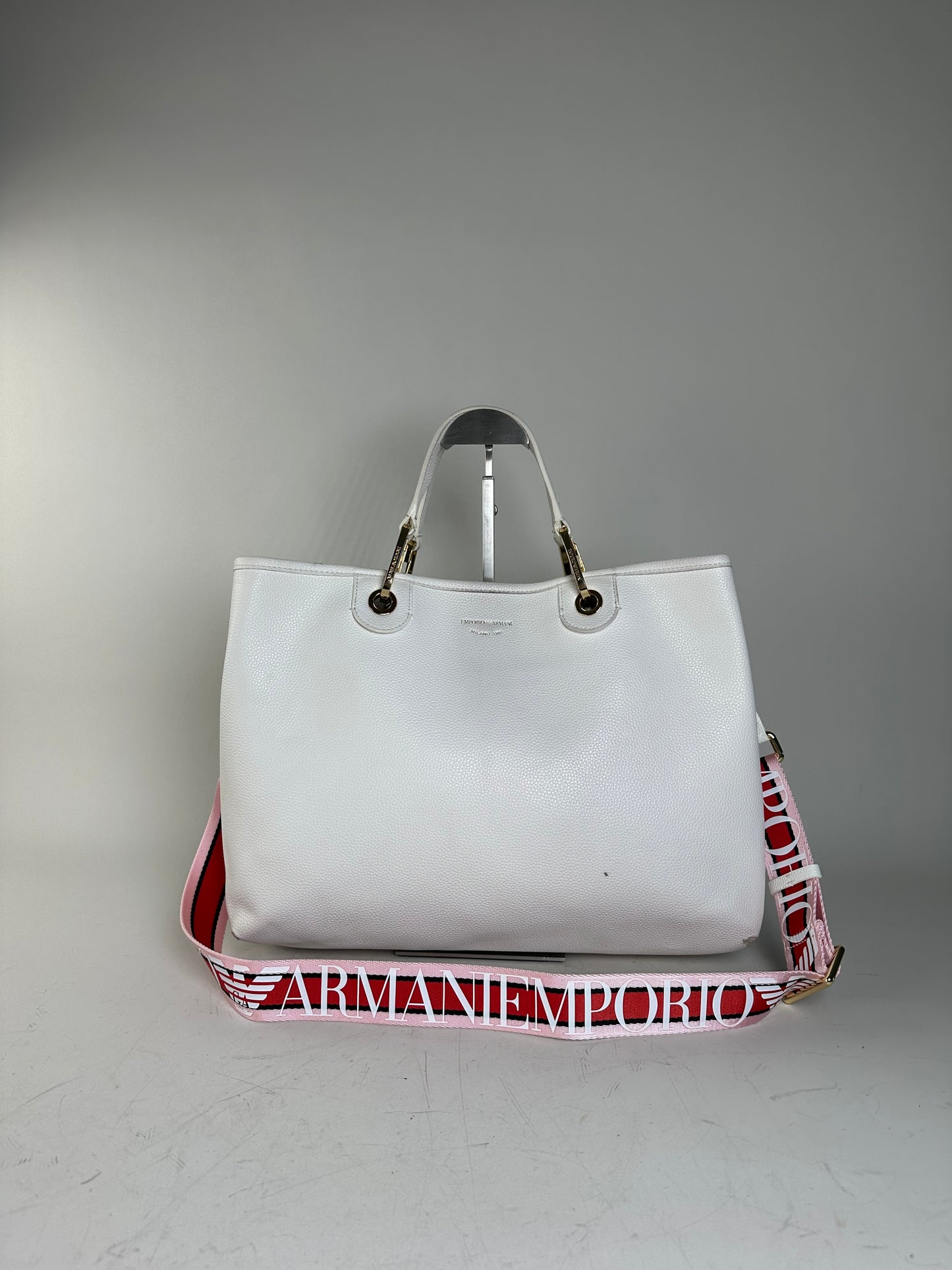 Vintage Emporio Armani Textured Leather Tote White Gold