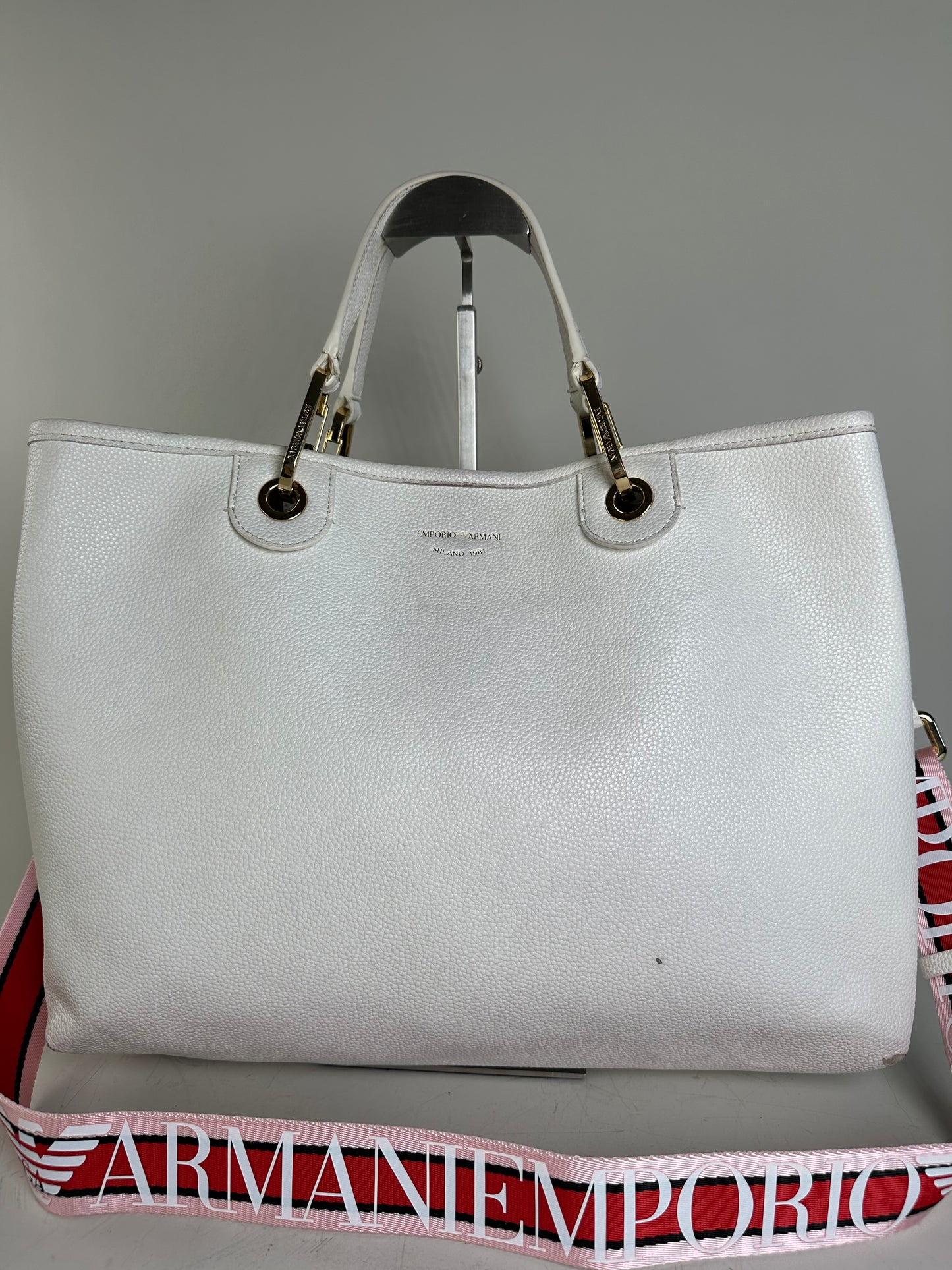 Vintage Emporio Armani Textured Leather Tote White Gold