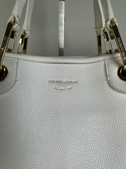 Vintage Emporio Armani Textured Leather Tote White Gold