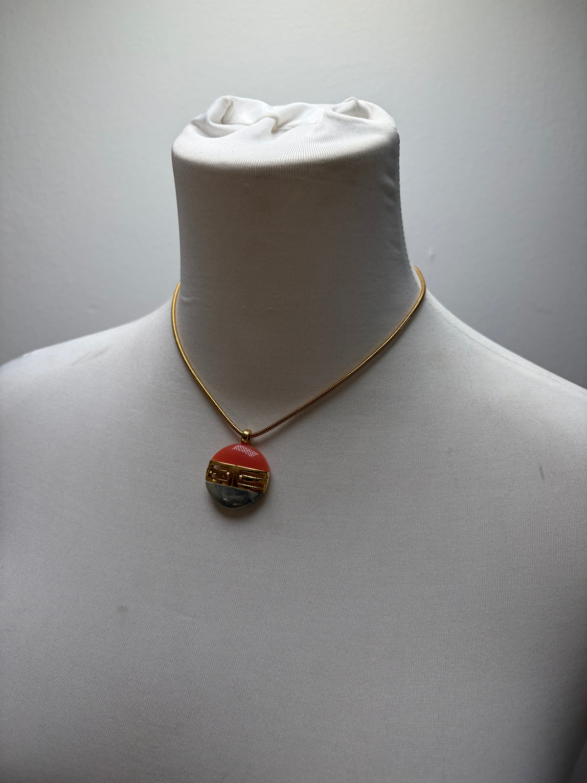 Vintage Givenchy Resin Pendant Necklace Late 1970s Coral Grey Gold