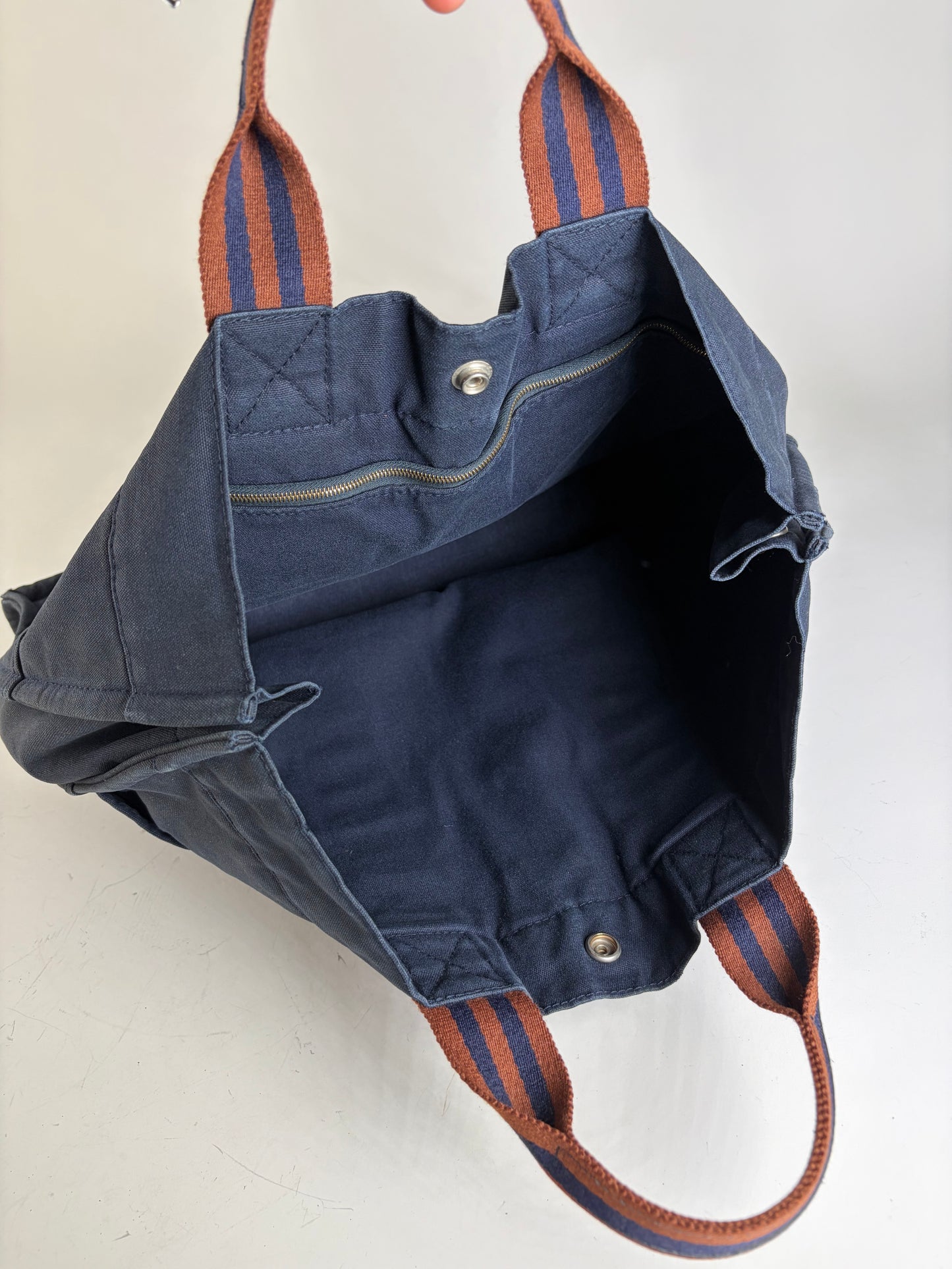 Vintage Hermes Cotton Tote Navy Rust Silver