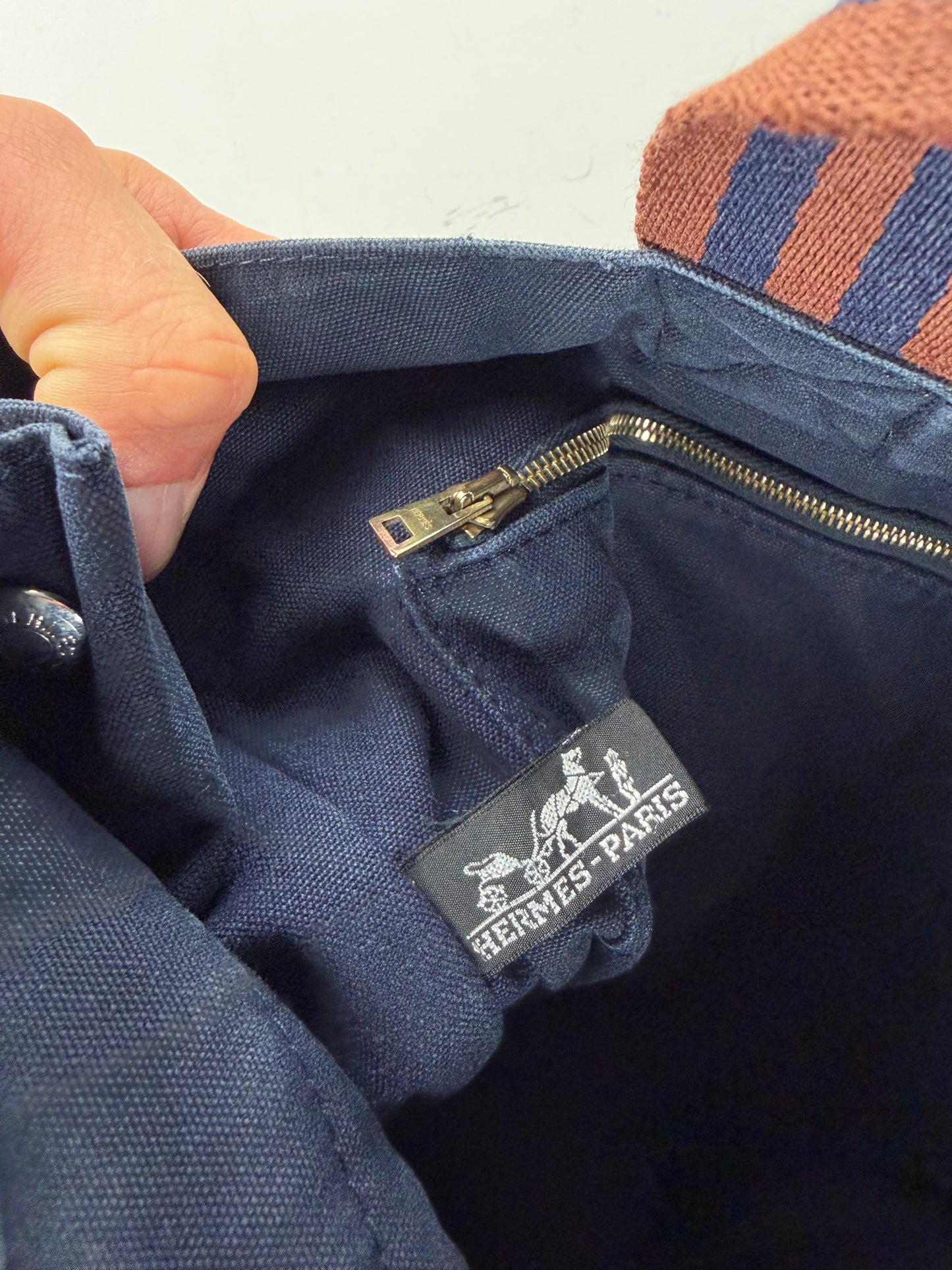 Vintage Hermes Cotton Tote Navy Rust Silver