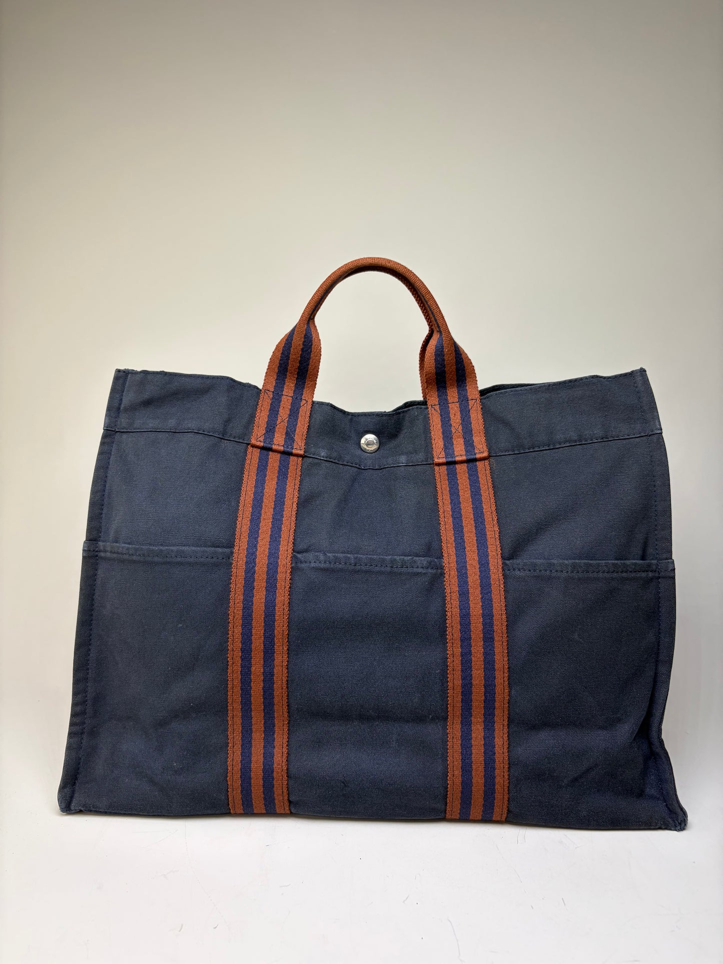 Vintage Hermes Cotton Tote Navy Rust Silver