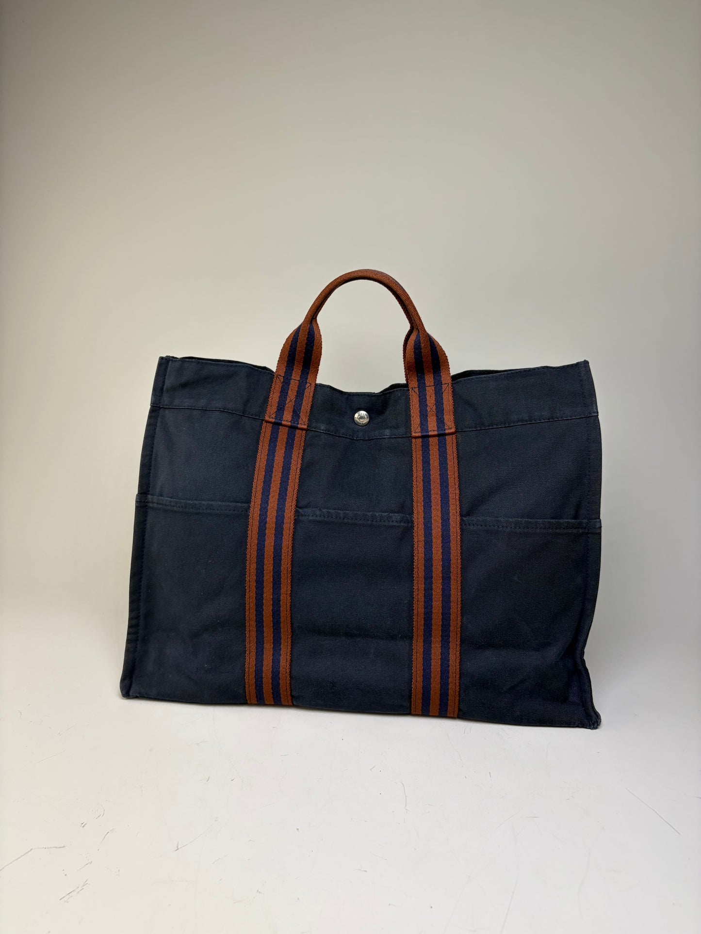 Vintage Hermes Cotton Tote Navy Rust Silver