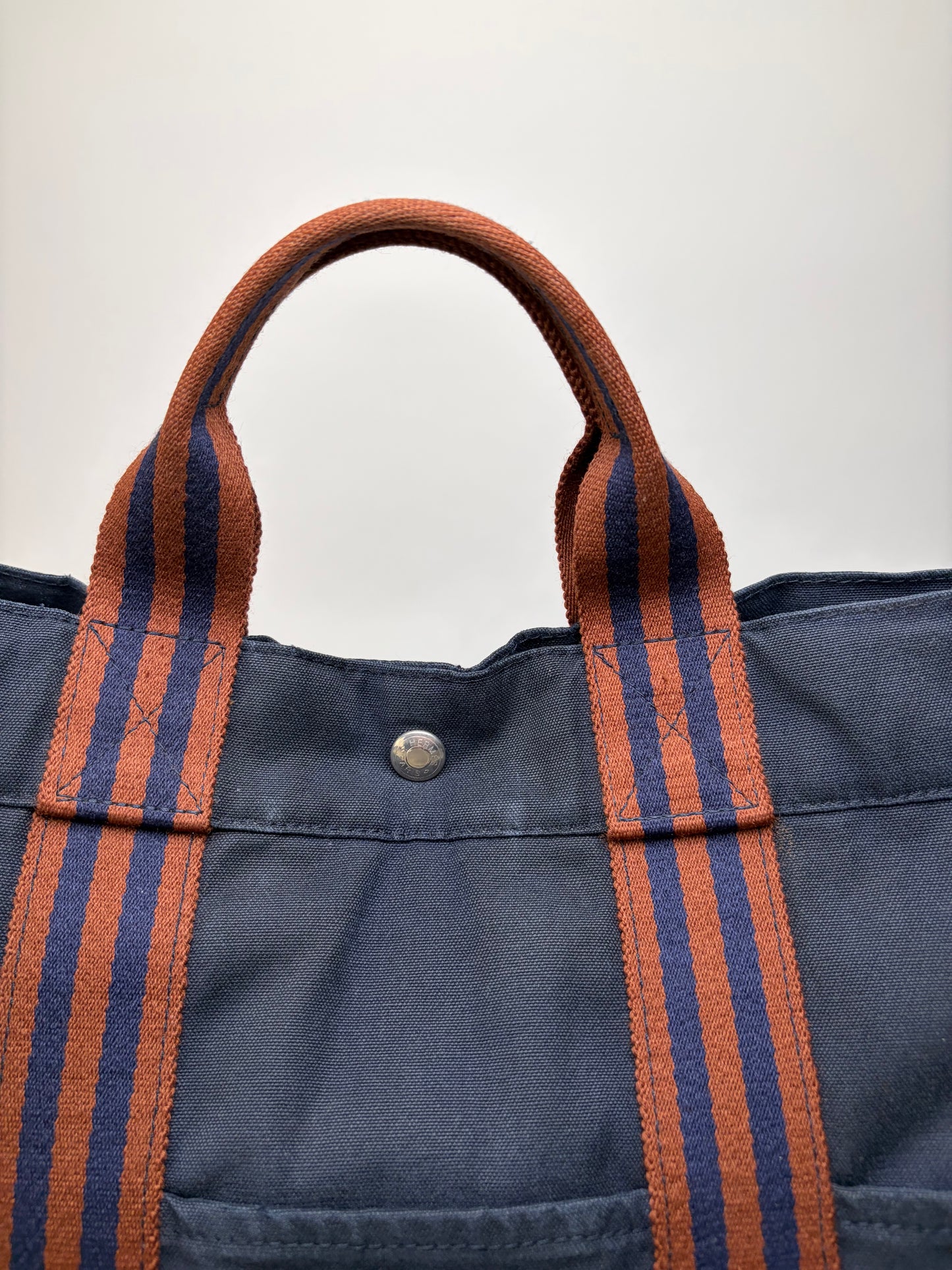 Vintage Hermes Cotton Tote Navy Rust Silver