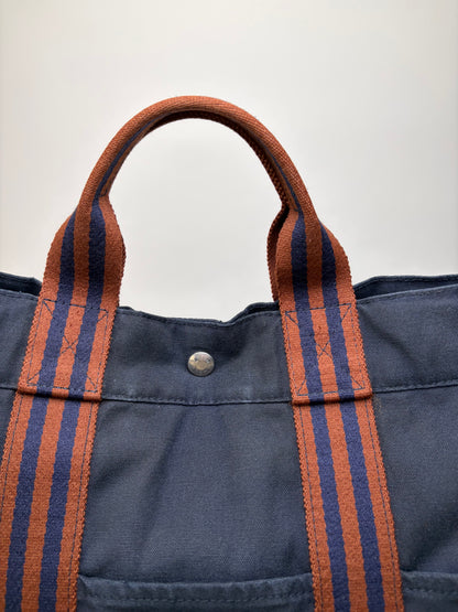 Vintage Hermes Cotton Tote Navy Rust Silver