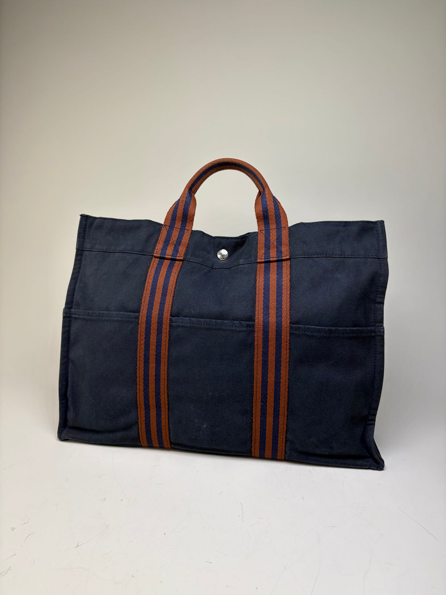 Vintage Hermes Cotton Tote Navy Rust Silver