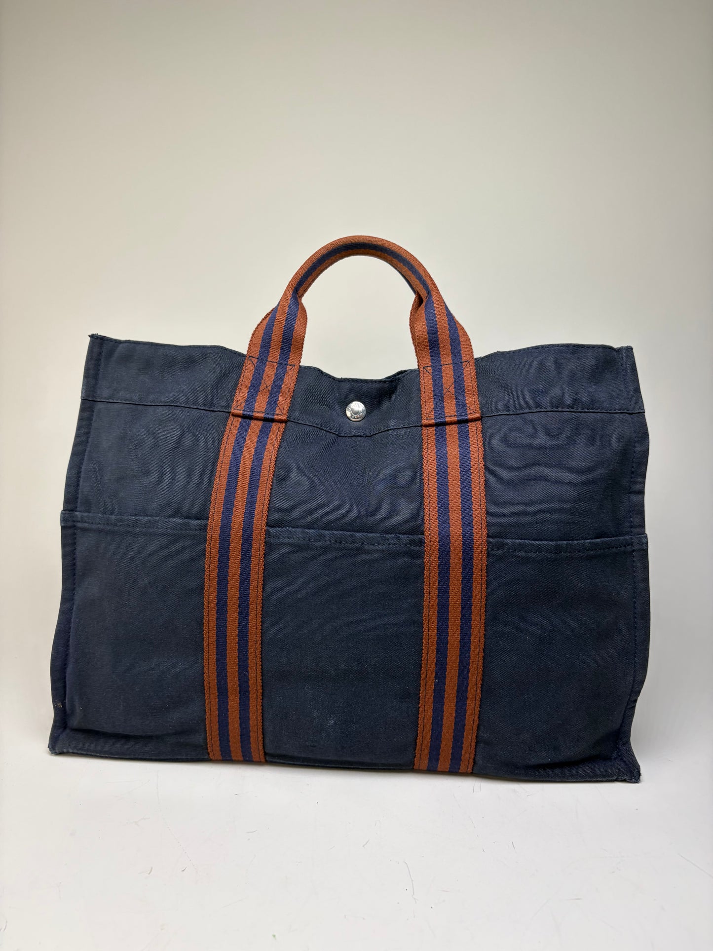 Vintage Hermes Cotton Tote Navy Rust Silver