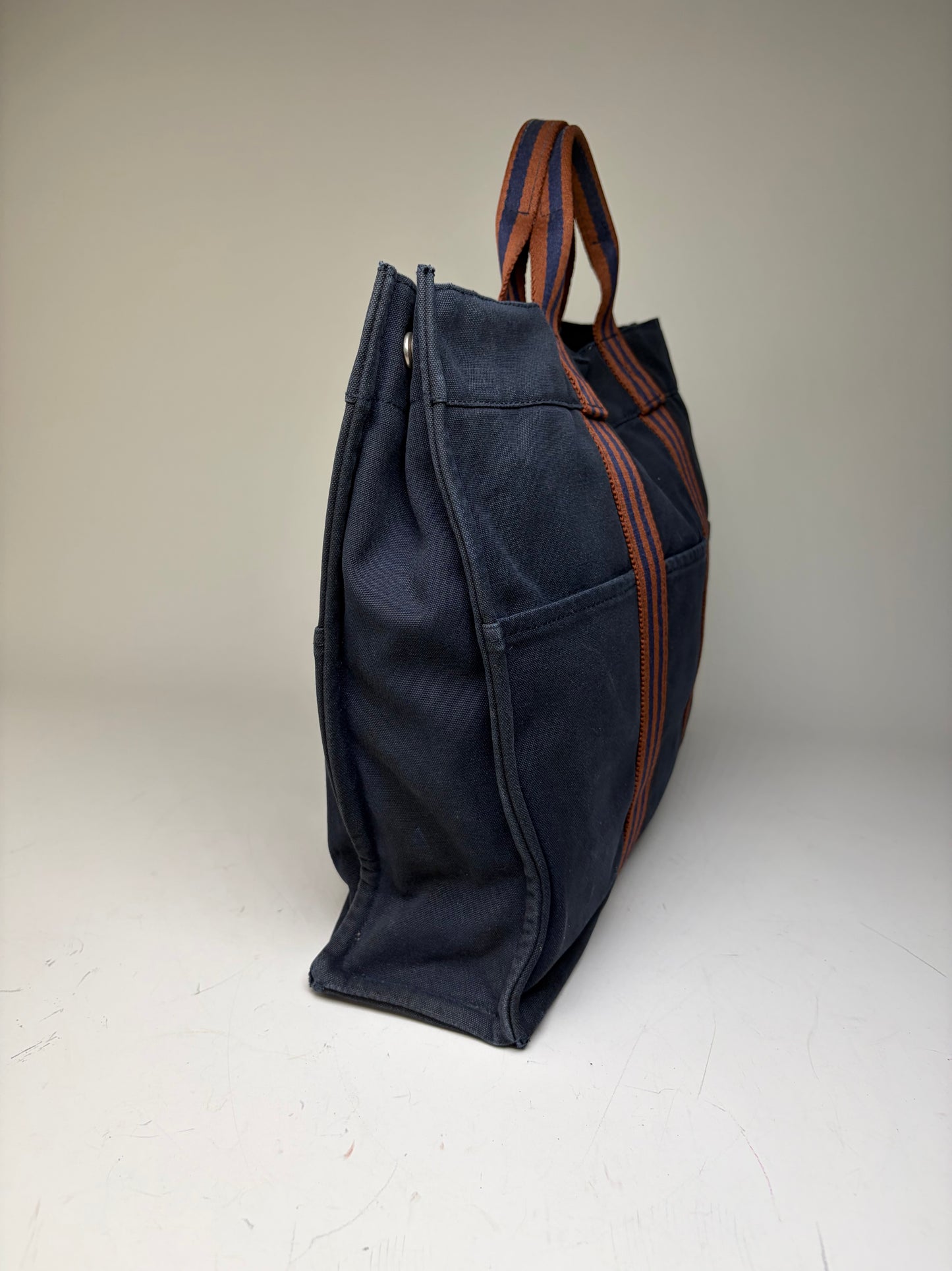Vintage Hermes Cotton Tote Navy Rust Silver