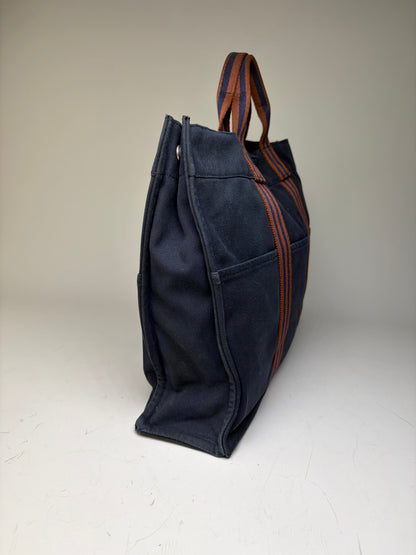 Vintage Hermes Cotton Tote Navy Rust Silver