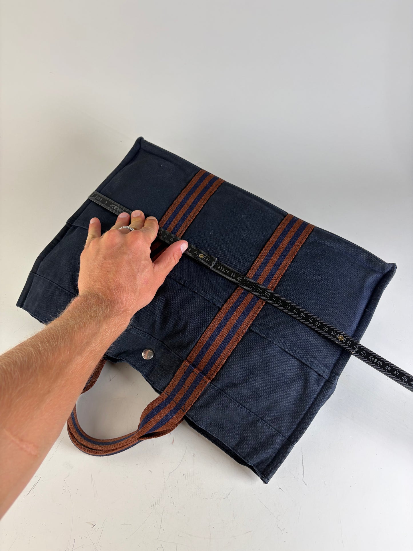 Vintage Hermes Cotton Tote Navy Rust Silver