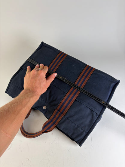Vintage Hermes Cotton Tote Navy Rust Silver